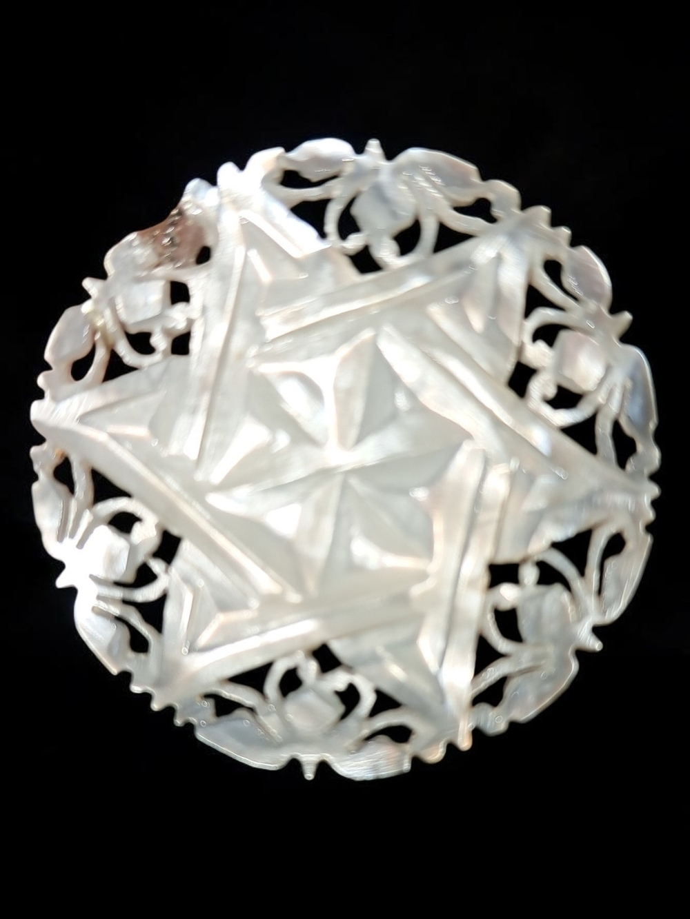 Vintage Carved Mother-of-Pearl Star Brooch • Made in Bethlehem • Intricate Hand-